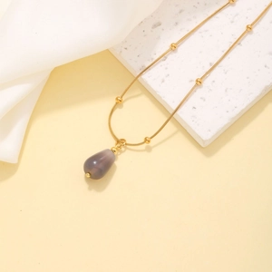 Vintage Minimalist Stainless Steel Necklace With Purple Teardrop Natural Stone Pendant Beaded Snake Chain Clavicle Necklace For Women