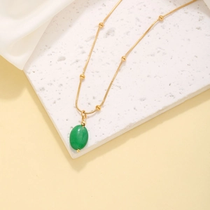 Stainless Steel Natural Stone Pendant Necklace For Women Vintage Gold Snake Bone Chain Azure Oval Design Handmade Jewelry