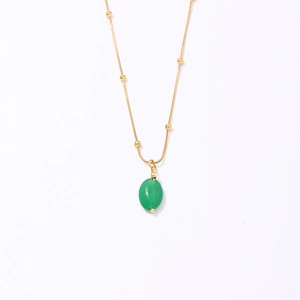 Elegant gold beaded chain necklace featuring a smooth green water drop pendant for women
