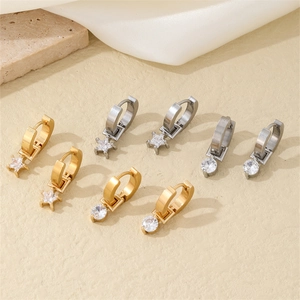 Copper Plated Rhinestone Huggie Hoop Earrings Star Round Geometric Charm Jewelry For Women Commuter Party Accessories