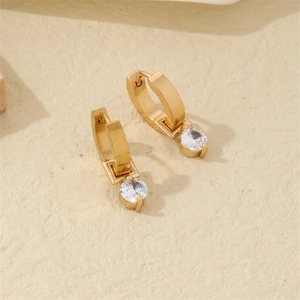 Minimalist gold plated hoop earrings with white round cubic zirconia in four-prong setting