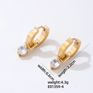 Detail view of gold-plated hoop earrings with cubic zirconia, weighing 4.3g and 2.2cm long