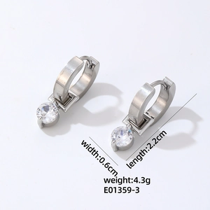 Detail view of silver hoop earrings with clear cubic zirconia drop including size dimensions