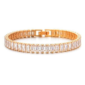 Elegant gold-tone bracelet featuring rectangular cubic zirconia in a dense claw setting