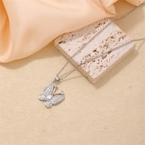 Elegant butterfly pendant necklace in silver finish with white zircon micro-inlay accents