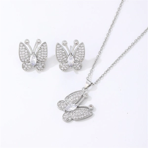 Elegant silver butterfly jewelry set with necklace and earrings featuring white zircon