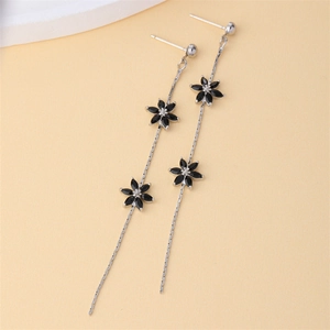 Women Long Tassel Flower Drop Earrings Copper Black Rhinestone Dangle Earrings For Wedding Party Elegant Jewelry