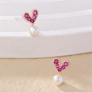 Boucles d'Oreilles Clous en Forme de Cœur et Künstliche Perle Style Coréen pour Femmes Cuivre Plaqué Or Rose Zircone Rouge Bijoux
