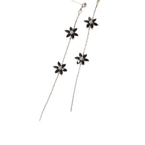 Elegant silver tassel earrings with black zircon flower petals and white crystal center