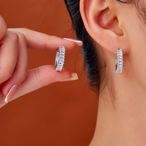 Elegant silver hoop earrings with rectangular cut cubic zirconia stones for women