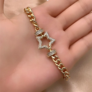 Gold-plated Cuban chain bracelet with sparkling zircon-encrusted star pendant for women