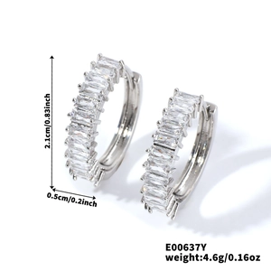 Detail view of silver hoop earrings with rectangular cubic zirconia and dimensions