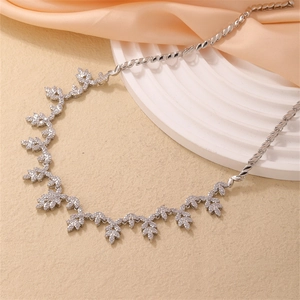 Elegant silver leaf design bridal necklace set with sparkling crystals for women