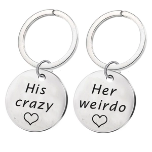 Minimalist Stainless Steel Couple Keychain His Crazy Her Weirdo Heart Engraved Round Pendant Keychain For Valentine Day Gift
