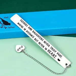 Polished stainless steel bookmark with heart charm for father gift on blue box