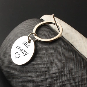 Detailed view of stainless steel keychain with laser-etched His Crazy and heart pattern