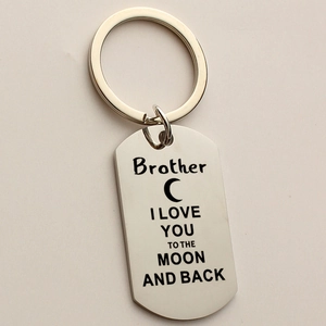 Polished steel dog tag keychain for brother with Moon and Back engraving detail