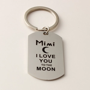 Polished stainless steel keychain engraved with Mimi I love you to the moon message