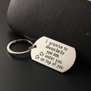 Polished stainless steel dog tag keychain with I promise to always be by your side engraving