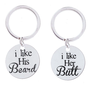 Stainless Steel Couple Keychain Polished Round Engraved I Like His Beard Her Butt Key Ring For Lovers Jewelry Gift