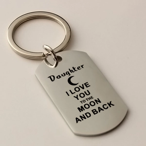 Polished stainless steel keychain with I Love You to the Moon and Back engraving for daughter