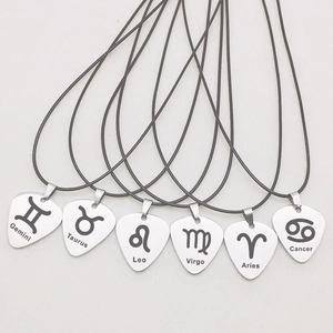 Set of zodiac guitar pick pendants on black cord made of silver stainless steel material