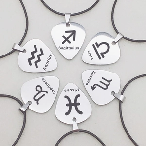 Zodiac guitar pick pendant necklace set in silver stainless steel with black cord