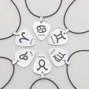 Zodiac guitar pick stainless steel necklace set with black cord for men and women