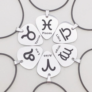 Minimalist Stainless Steel Zodiac Guitar Pick Pendant Necklace Polished Laser Engraved Sign Jewelry With Leather Cord Unisex Gift