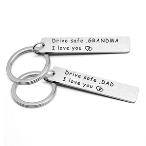 Drive Safe stainless steel keychain set for Dad and Grandma with heart engraving