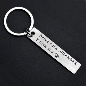 Brushed stainless steel keyring with Drive safe GRANDPA engraving and heart pattern