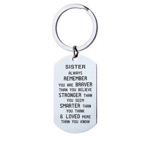 Polished stainless steel keychain for sister with inspirational engraved dog tag