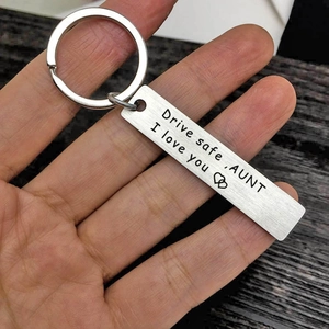 Stainless steel rectangle keychain engraved with Drive Safe Aunt I Love You message