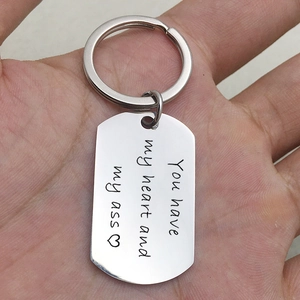Handheld stainless steel dog tag keychain with humorous engraved romantic message