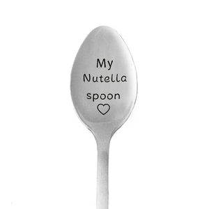 Polished stainless steel long handle spoon with My Nutella Spoon heart engraving