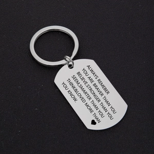 Inspirational dog tag keychain in brushed stainless steel with heart icon on black background