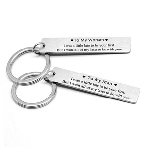 Couples stainless steel keychain set with romantic engraved quotes for anniversary gift