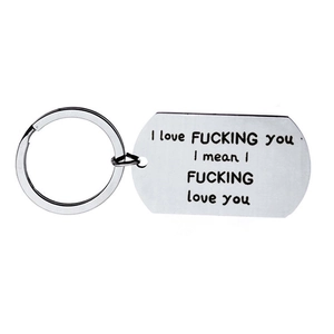 Couples stainless steel keychain with engraved romantic quote and rectangular metal tag
