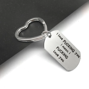 Polished stainless steel heart ring keychain with bold personalized message engraving