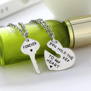 Stainless steel couples heart and key necklace set with polished forever engraving