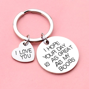 Funny Stainless Steel Couple Keychain Engraved Heart Round Pendants Silver Gift For Boyfriend Girlfriend Husband Wife