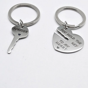 Polished stainless steel heart and key couple keychain set with Forever engraving