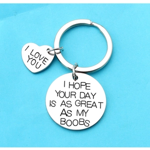 Polished stainless steel heart and circle keychains with funny engraved text for couples