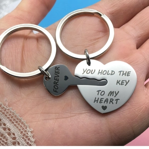 Polished stainless steel heart and key couple keychain set with romantic engraving