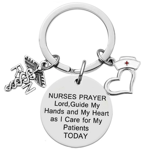 Nurse Prayer Lord Stainless Steel Keychain Medical RN Caduceus Symbol Heart Nurse Hat Pendant Keychain Gift For Doctors