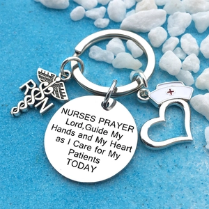 Stainless steel Nurse's Prayer keychain with RN caduceus and nurse hat pendant