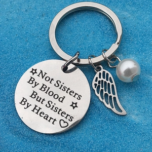 Stainless steel key chain with heart quote plaque, angel wing charm and white pearl bead
