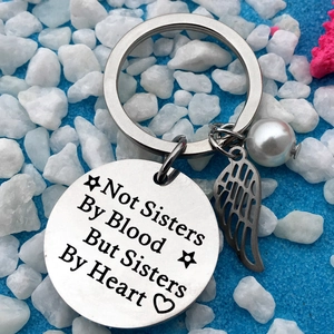 Stainless Steel Engraved Keychain Wing Charm Faux Artificial Pearl Sisters Gift Quote Key Ring For Best Friends Graduation Party