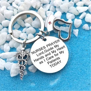 Stainless steel nurse prayer keychain with Caduceus medical symbol and heart nurse hat charm