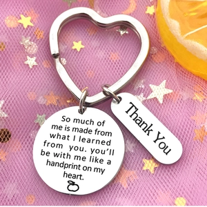 Polished stainless steel teacher gift keychain with heart ring and thank you engraving